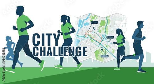 Urban Marathon Challenge: Energetic Silhouettes Running Through a City Course