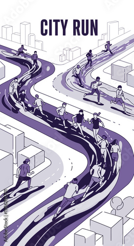 Urban Marathon Depiction: A Group Of Runners Navigating City Streets For An Endurance Challenge