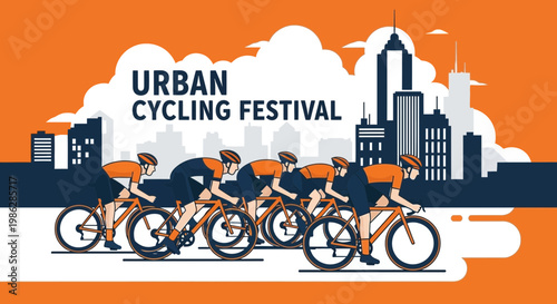Urban Cycling Festival: Dynamic Illustration of Cyclists Racing Amidst City Skyline Backdrop