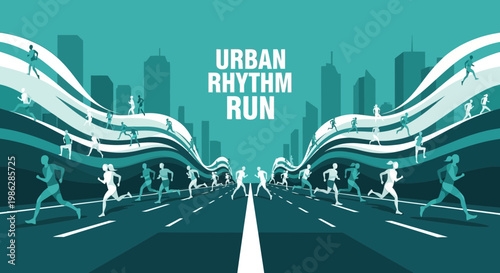 Urban Marathon Depiction: A Vibrant Artistic Illustration of Runners in a City Setting