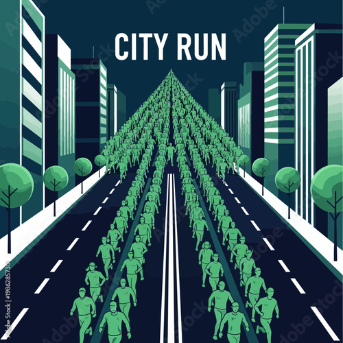 Urban Marathon Depiction: A Massive Crowd of Runners Navigating City Streets Towards Goal