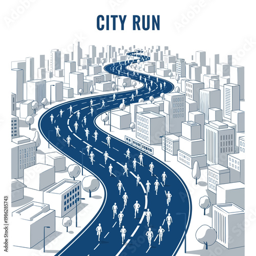 Urban Marathon Depiction: A Winding Cityscape Route Hosting a Race of Energetic Figures