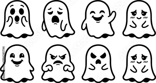 Eight different ghost characters showing emotions