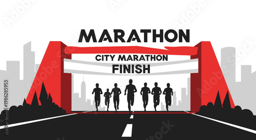 Urban Marathon Finish Line With Runners Approaching The City Skyline