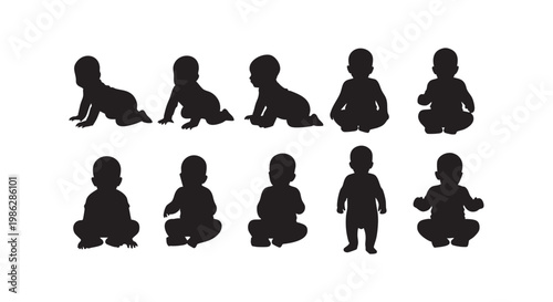Baby silhouettes set isolated on white background. toddlers in different poses, crawling and sitting.