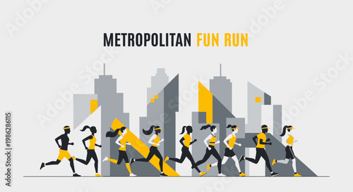 Urban Marathon Race Illustration: Energetic Runners Displayed Against Cityscape Backdrop