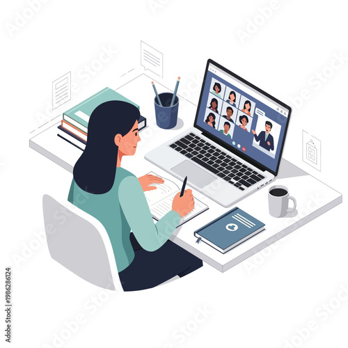A woman sits at a desk taking notes while video conferencing with colleagues.