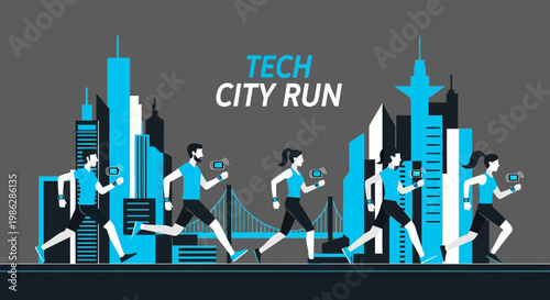 Urban Runners Embracing Technology and Fitness in Modern Metropolis Illustration