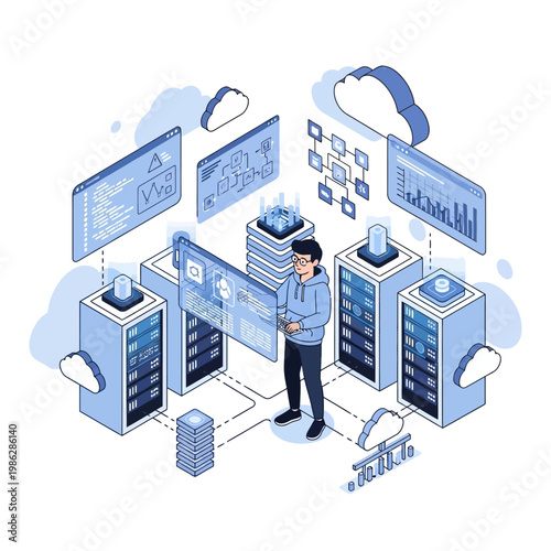 Man standing among servers and screens in a technology environment