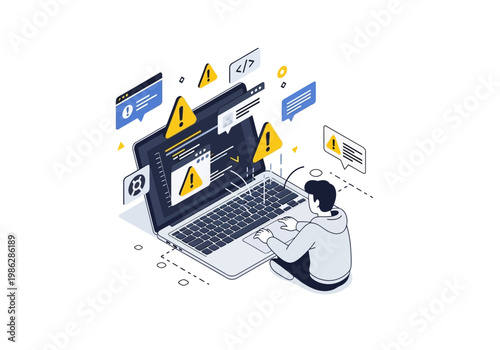 Person sitting at laptop surrounded by warning signs and pop-ups online