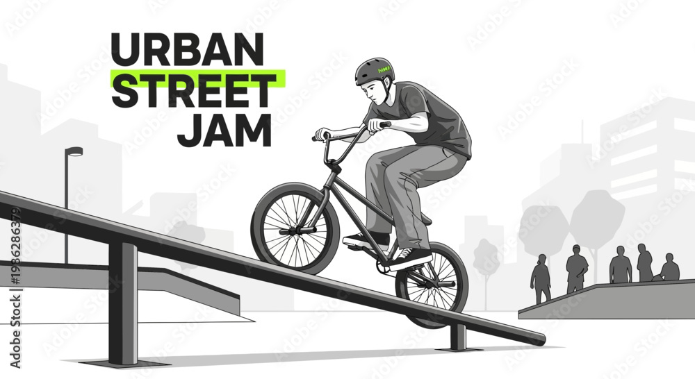 Naklejka premium Urban Street Jam: Action Shot Of BMX Rider Executing Trick On A Rail In An Urban Environment