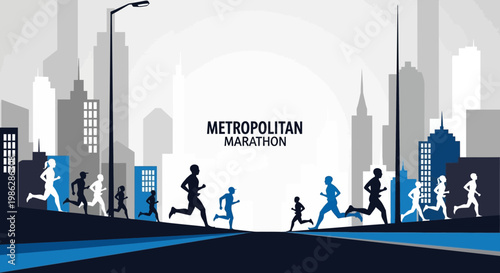 Urban Marathon Runners Silhouette, Cityscape Illustration Depicting Sporting Event in Progress