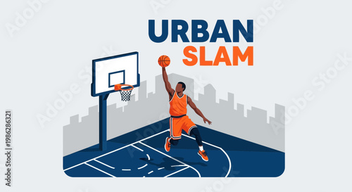 Urban Slam Dunk Illustration Showcasing Basketball Action Within An Urban Environment