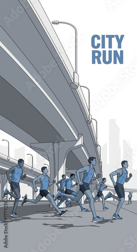 Urban Marathon Runners Speeding Beneath City Infrastructure With Dynamic Motion