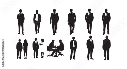Business people silhouettes set professional men and women in suits standing and sitting during meeting work vector art.