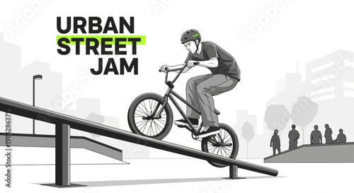 Urban Street Jam: Action Shot Of BMX Rider Executing Trick On A Rail In An Urban Environment