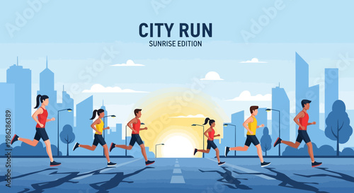 Urban Sunrise Run: A Colorful Illustration of City Runners Enjoying The Morning Exercise