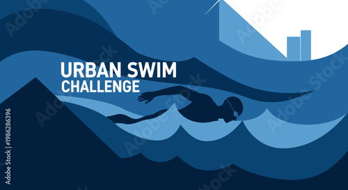 Urban Swim Challenge: A Dynamic Illustration Showcasing Aquatic Sports And Cityscapes