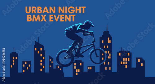 Urban Night BMX Event Silhouette Depicting Cyclist Leaping Over City Buildings
