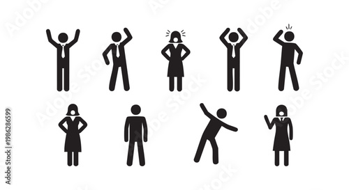 Business people stick figures set with various poses, men and women in work attire, isolated vector illustration.
