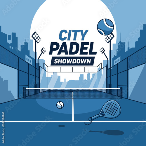 Urban Padel Showdown: A Vibrant Sporting Illustration Featuring Cityscape and Court Design