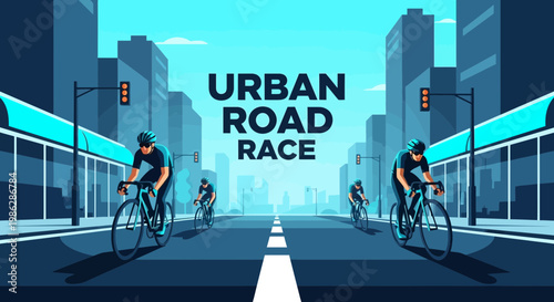 Urban Road Race Illustration Depicting Cyclists Competing In a City Environment