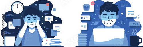 Man with sleep deprivation working on laptop, 2 am, coffee, documents, clock, blue color palette.