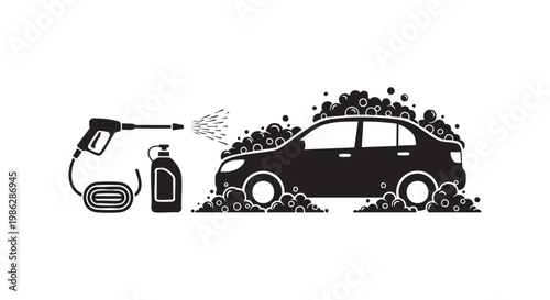 Car wash service station with pressure washer and detergent bottle for automotive maintenance and cleaning illustration.