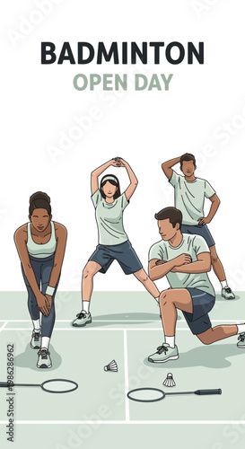 Vibrant Badminton Open Day: Athletes Warming Up And Preparing For Active Gameplay