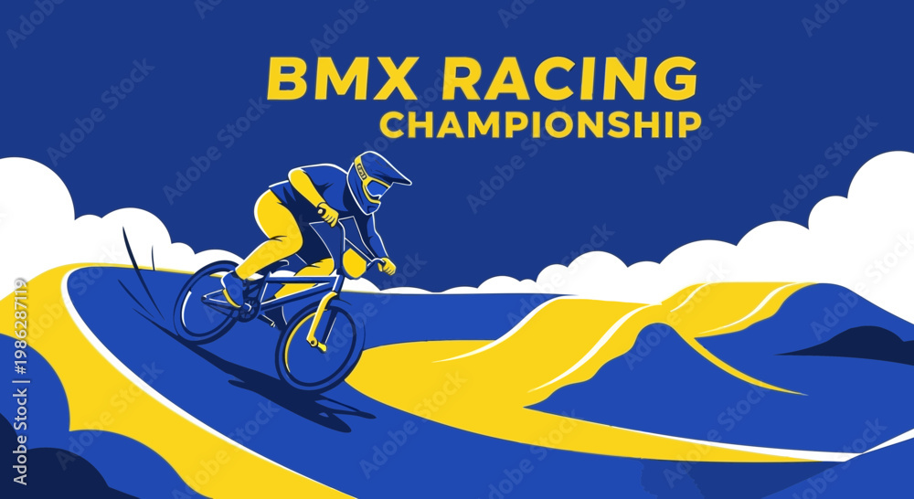 Fototapeta premium Vibrant BMX Racing Championship Illustration Depicting Athlete on a Dramatic Track