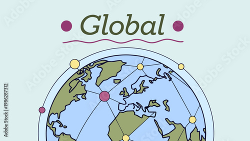 Vector illustration of globe with connection points. International business, global communication, worldwide network, digital technology, internet data transfer, and logistics concept.