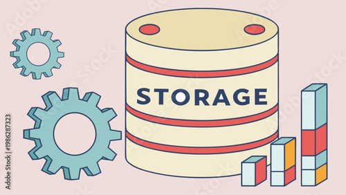 Vector illustration of database storage with gears and charts. Cloud computing, data center, server management, backup system, IT technology, and analytics concept.