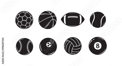 Collection of different sport balls like soccer, basketball, football, tennis, baseball, bowling, volleyball.