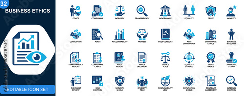 Business ethics icon set, compliance, integrity, transparency, governance, equality, trust, anti corruption, code of conduct. Editable icons collection. Vector.