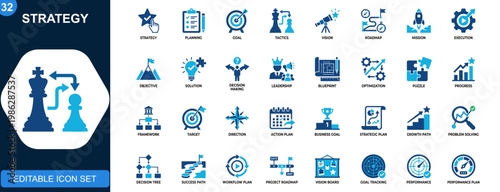 Cuadro en lienzo Strategy icon set, goal planning, tactics, vision, roadmap, mission, execution, decision making, problem solving, leadership, blueprint