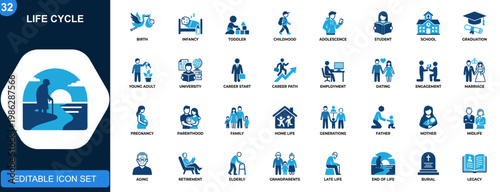 Life cycle icon set, human lifespan stages, baby, childhood, teenager, student, graduation, career, relationship, marriage, family, aging, death. Solid icons collection. Vector.