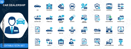 Car dealership icon set, auto sales, car rental, financing, insurance, showroom, electric vehicles, customer service. Solid icons collection. Vector.
