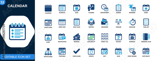 Calendar icon set, date schedule, planner, appointment, agenda, reminder, event management. Solid icons collection. Vector.