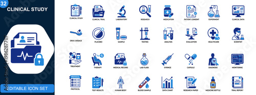 Clinical study icon set, clinical trial, laboratory research, medication, patient consent, experimental testing, clinical data, dosage evaluation. Solid icons collection. Vector.
