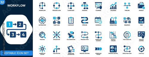 Workflow icon set, process flowchart, planning, progress tracking, project timeline, automation pipeline, task checklist. Solid icons collection. Vector.