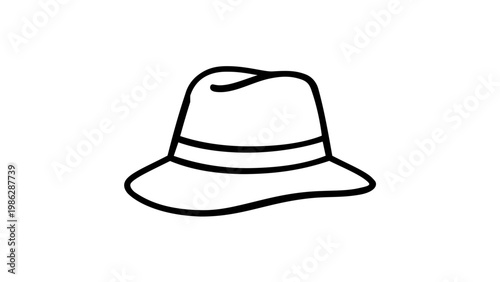 Minimalist black and white line icon of a classic fedora hat, vector illustration of a stylish trilby headwear accessory for fashion design, flat scalable graphic for web and print applications.