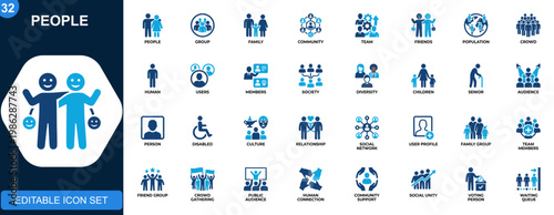 People icon set, group, family, community, team, friends, population, diversity, senior, children. Solid icons collection. Vector.