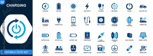 Charging icon set, battery, energy, electricity, charger, recharge, electric vehicle, power plug, charging station. Solid icons collection. Vector.