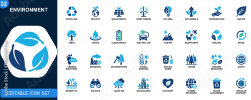 Environment icon set, eco, recycling, sustainability, green energy, nature, earth, renewable resources, conservation, climate, ecology. Editable icons collection. Vector.