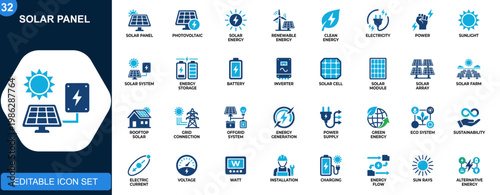Solar panel icon set, photovoltaic systems, renewable energy, clean electricity, solar power generation, eco sustainability. Solid icons collection. Vector.