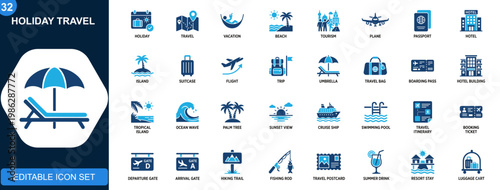Holiday travel icon set, vacation, beach, plane, passport, hotel, island, suitcase, tropical leisure, tourism. Solid icons collection. Vector.