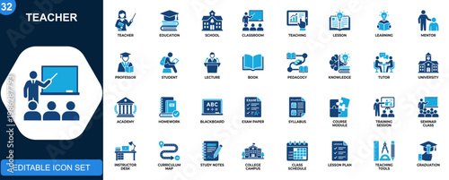 Teacher icon set, education, classroom, lesson, teaching, mentor, professor, school, learning, pedagogy, books, lecture. Editable icons collection. Vector.