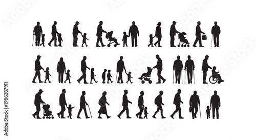 Crowd of people silhouettes walking set including elderly individuals families with strollers and children on sidewalk.