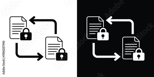 Secure file exchange icon featuring documents with open padlocks and directional arrows, representing data encryption, privacy protection, and authorized information sharing.
