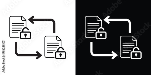 Secure file exchange icon featuring documents with open padlocks and directional arrows, representing data encryption, privacy protection, and authorized information sharing.